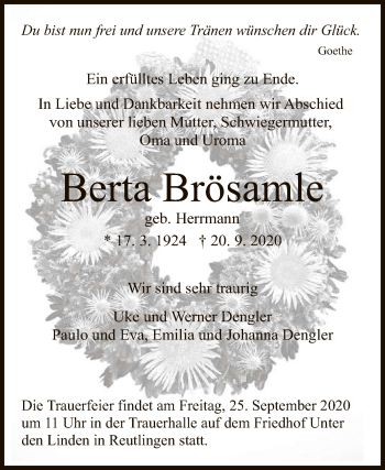 Anzeige von Berta Brösamle von Reutlinger General-Anzeiger