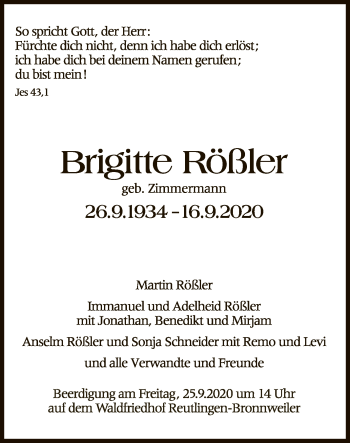 Anzeige von Brigitte Rößler von Reutlinger General-Anzeiger
