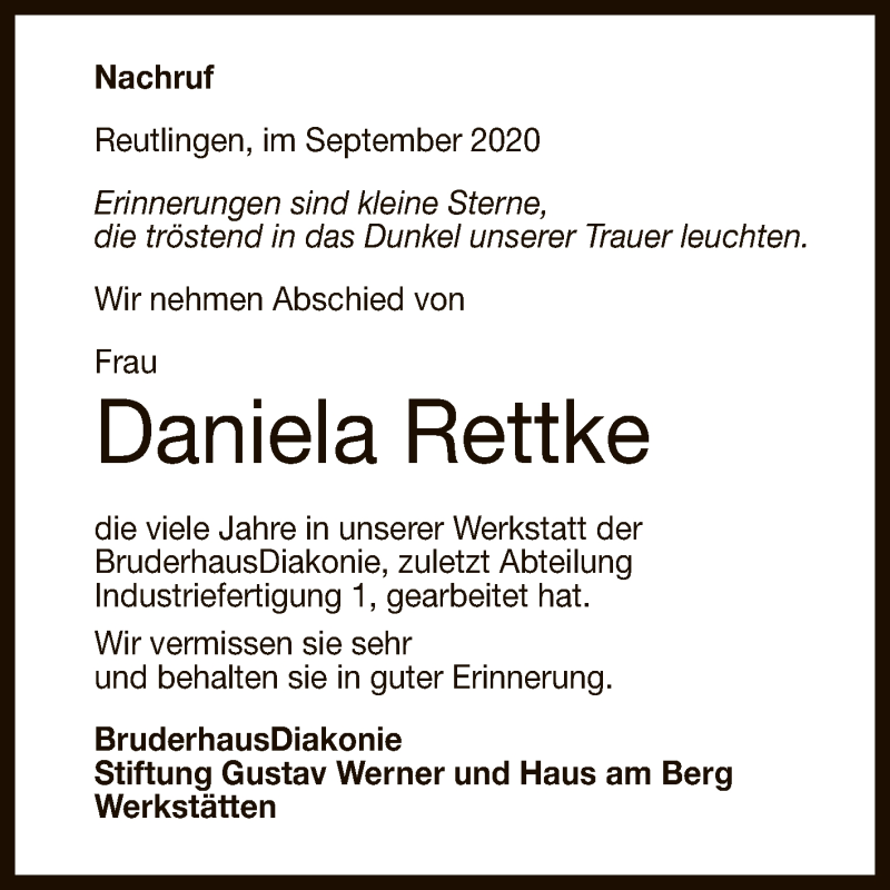  Traueranzeige für Daniela Rettke vom 12.09.2020 aus Reutlinger General-Anzeiger