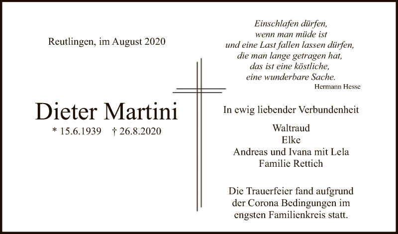  Traueranzeige für Dieter Martini vom 12.09.2020 aus Reutlinger General-Anzeiger