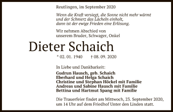 Anzeige von Dieter Schaich von Reutlinger General-Anzeiger