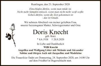 Anzeige von Doris Knecht von Reutlinger General-Anzeiger