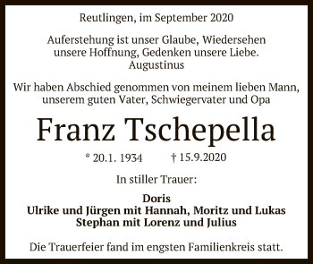 Anzeige von Franz Tschepella von Reutlinger General-Anzeiger