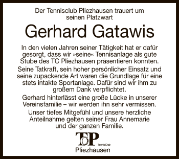 Anzeige von Gerhard Gatawis von Reutlinger General-Anzeiger