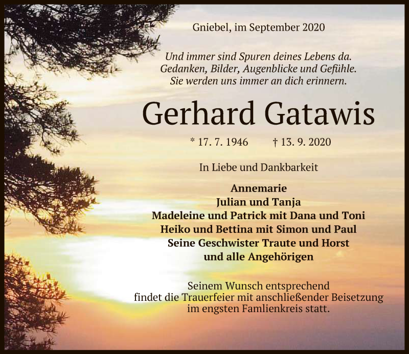  Traueranzeige für Gerhard Gatawis vom 18.09.2020 aus Reutlinger General-Anzeiger