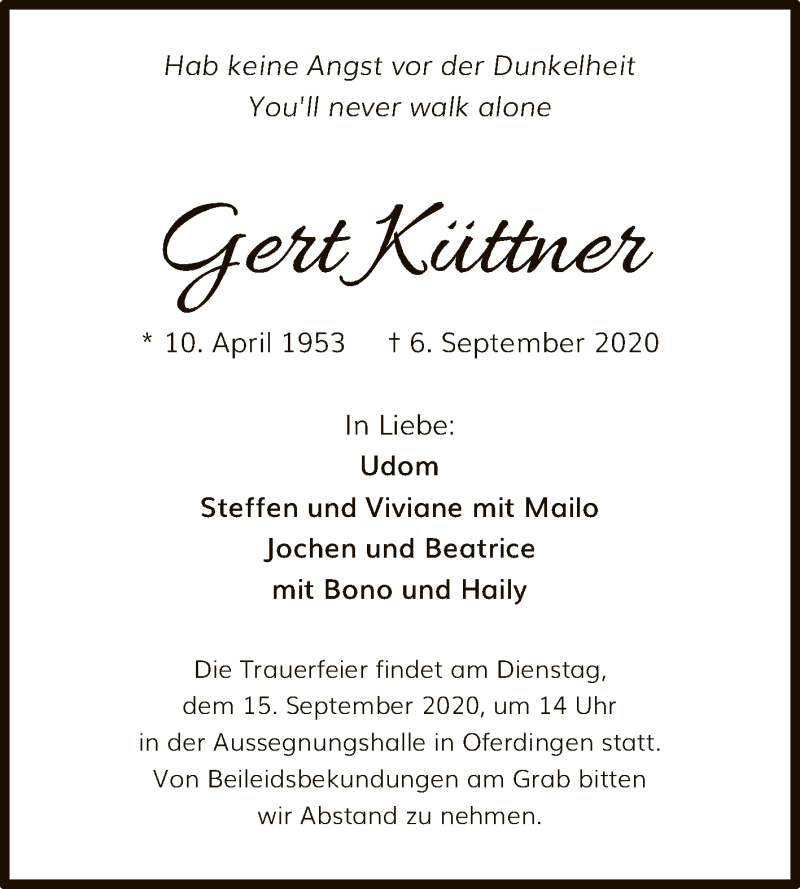  Traueranzeige für Gert Küttner vom 09.09.2020 aus Reutlinger General-Anzeiger
