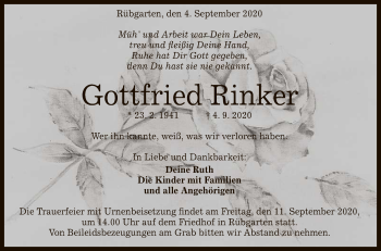 Anzeige von Gottfried Rinker von Reutlinger General-Anzeiger