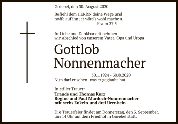 Anzeige von Gottlob Nonnenmacher von Reutlinger General-Anzeiger