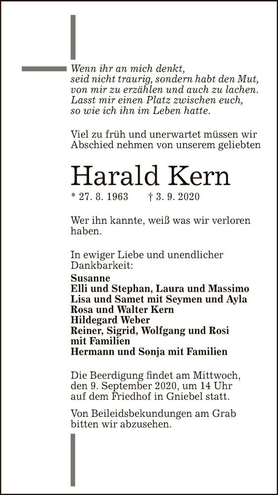  Traueranzeige für Harald Kern vom 08.09.2020 aus Reutlinger General-Anzeiger