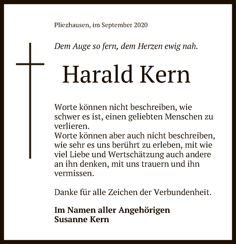  Traueranzeige für Harald Kern vom 22.09.2020 aus Reutlinger General-Anzeiger