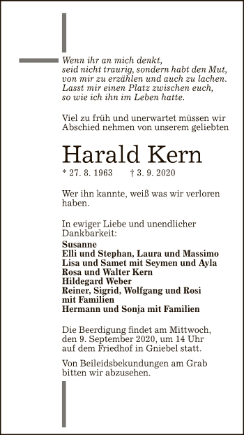 Anzeige von Harald Kern von Reutlinger General-Anzeiger