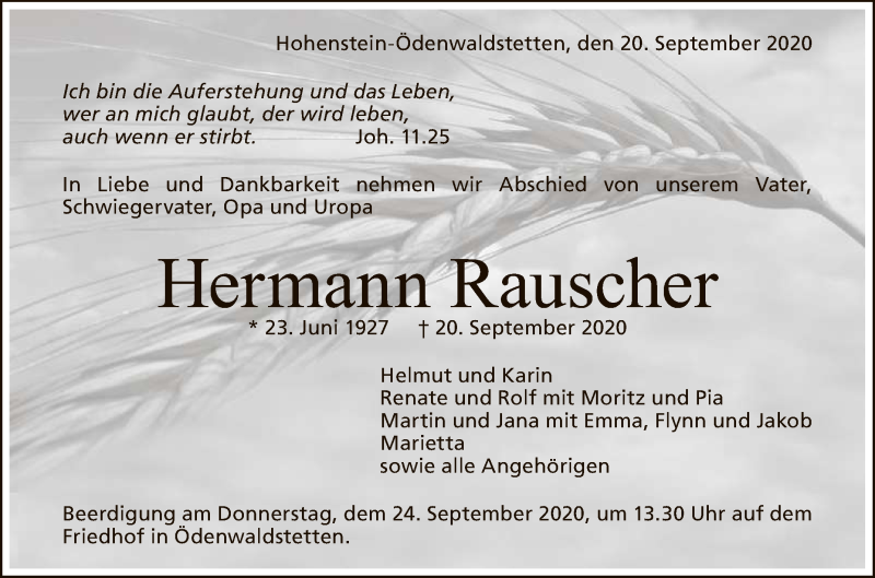  Traueranzeige für Hermann Rauscher vom 22.09.2020 aus Reutlinger General-Anzeiger