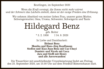 Anzeige von Hildegard Benz von Reutlinger General-Anzeiger