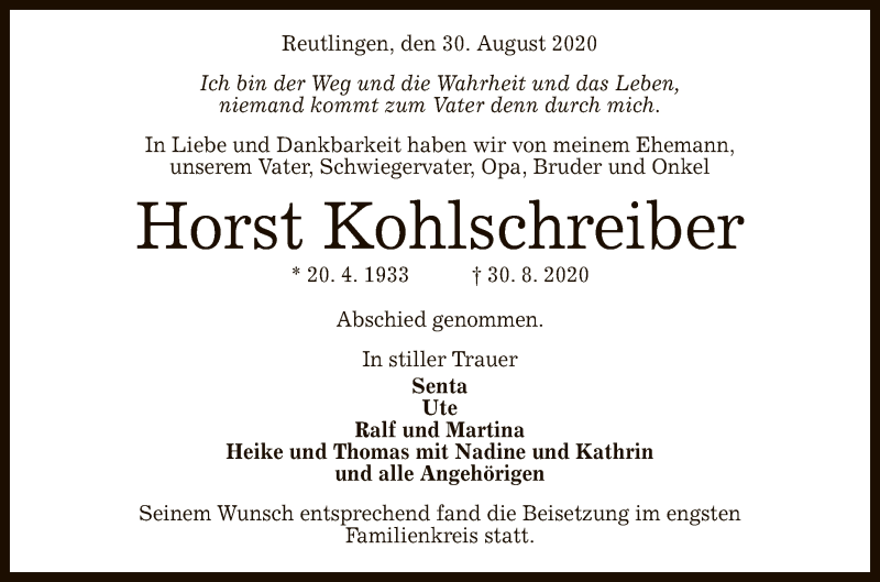  Traueranzeige für Horst Kohlschreiber vom 11.09.2020 aus Reutlinger General-Anzeiger