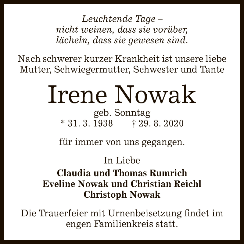  Traueranzeige für Irene Nowak vom 05.09.2020 aus Reutlinger General-Anzeiger