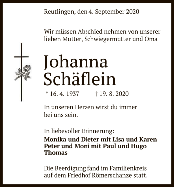 Anzeige von Johanna Schäflein von Reutlinger General-Anzeiger
