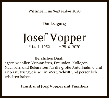 Anzeige von Josef Vopper von Reutlinger General-Anzeiger