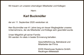 Anzeige von Karl Buckmüller von Reutlinger General-Anzeiger