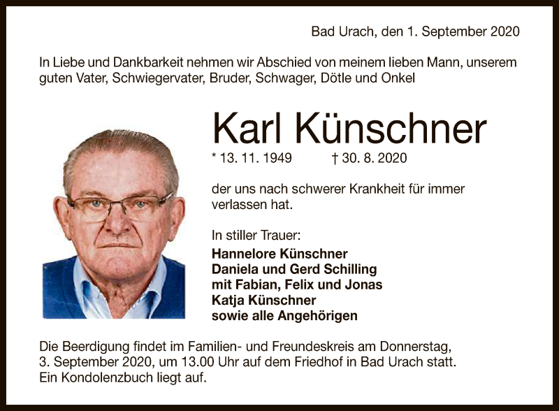  Traueranzeige für Karl Künschner vom 01.09.2020 aus Reutlinger General-Anzeiger