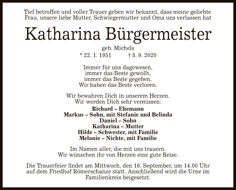  Traueranzeige für Katharina Bürgermeister vom 12.09.2020 aus Reutlinger General-Anzeiger
