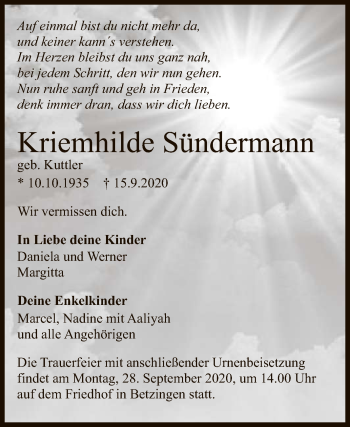 Anzeige von Kriemhilde Sündermann von Reutlinger General-Anzeiger