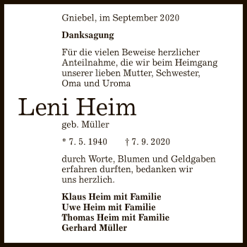 Anzeige von Leni Heim von Reutlinger General-Anzeiger