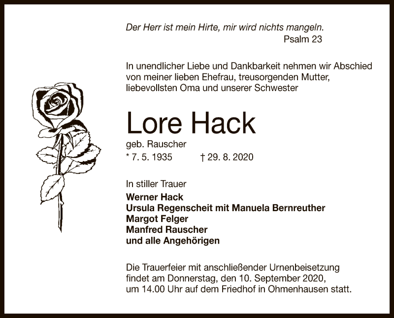  Traueranzeige für Lore Hack vom 05.09.2020 aus Reutlinger General-Anzeiger