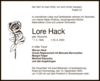 Anzeige von Lore Hack von Reutlinger General-Anzeiger