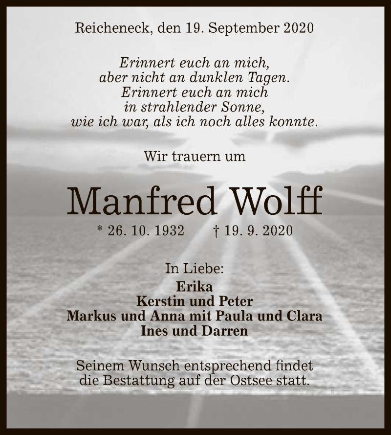  Traueranzeige für Manfred Wolff vom 22.09.2020 aus Reutlinger General-Anzeiger