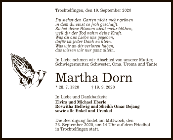 Anzeige von Martha Dorn von Reutlinger General-Anzeiger