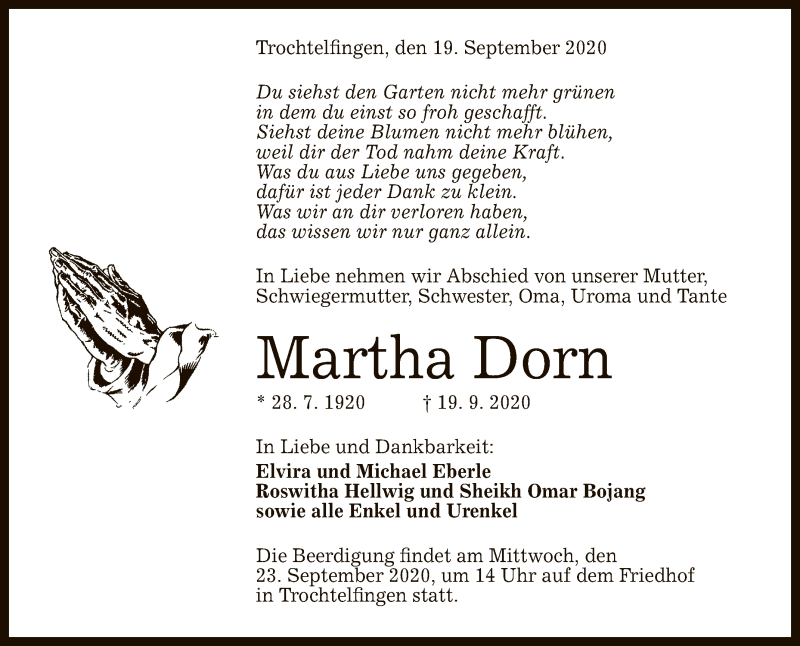  Traueranzeige für Martha Dorn vom 22.09.2020 aus Reutlinger General-Anzeiger