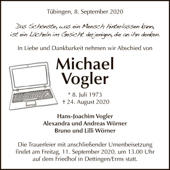 Anzeige von Michael Vogler von Reutlinger General-Anzeiger