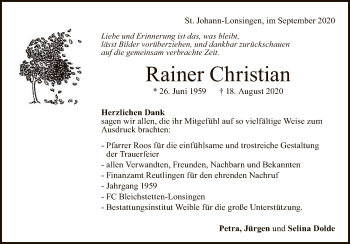 Anzeige von Rainer Christian von Reutlinger General-Anzeiger