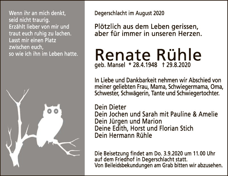  Traueranzeige für Renate Rühle vom 01.09.2020 aus Reutlinger General-Anzeiger