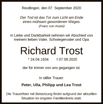 Anzeige von Richard Trost von Reutlinger General-Anzeiger