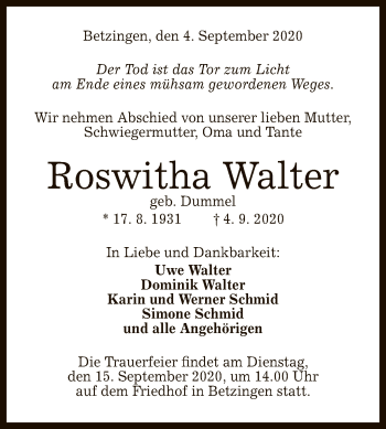 Anzeige von Roswitha Walter von Reutlinger General-Anzeiger
