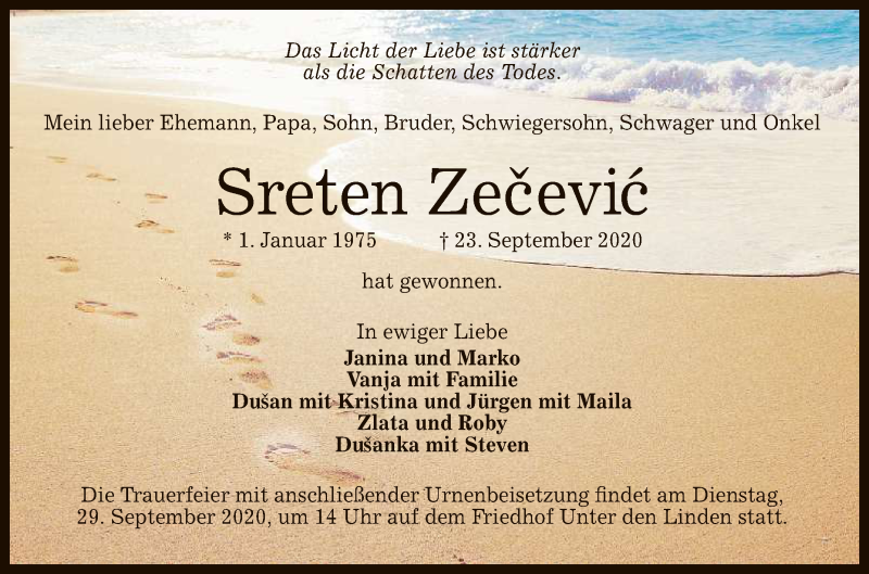  Traueranzeige für Sreten Zecevic vom 26.09.2020 aus Reutlinger General-Anzeiger