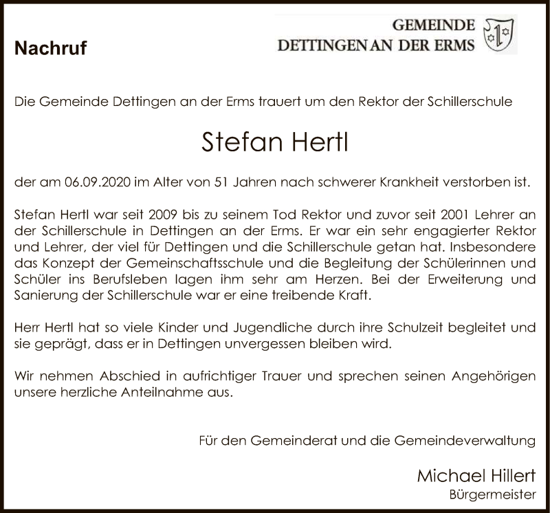  Traueranzeige für Stefan Hertl vom 10.09.2020 aus Reutlinger General-Anzeiger