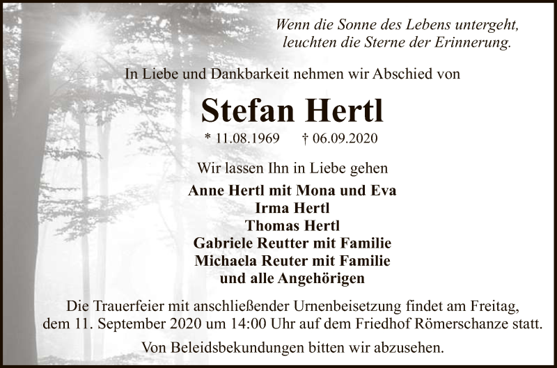  Traueranzeige für Stefan Hertl vom 09.09.2020 aus Reutlinger General-Anzeiger