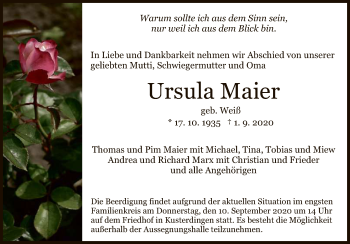 Anzeige von Ursula Maier von Reutlinger General-Anzeiger