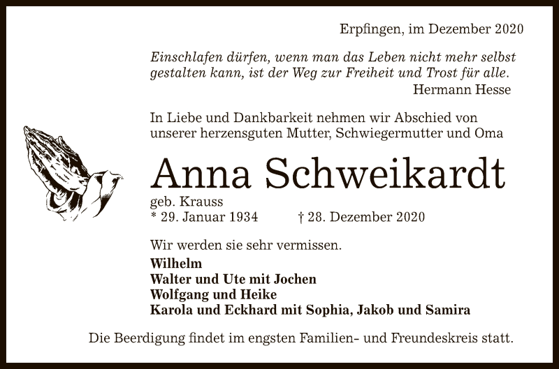  Traueranzeige für Anna Schweikardt vom 02.01.2021 aus Reutlinger General-Anzeiger