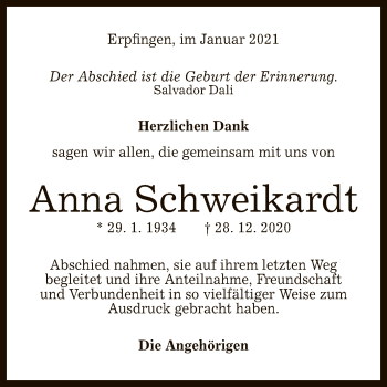 Anzeige von Anna Schweikardt von Reutlinger General-Anzeiger