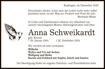 Anzeige von Anna Schweikardt von Reutlinger General-Anzeiger