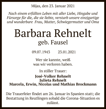 Anzeige von Barbara Rehnelt von Reutlinger General-Anzeiger