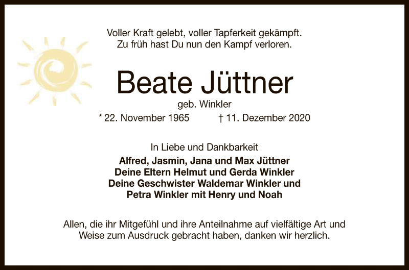  Traueranzeige für Beate Jüttner vom 02.01.2021 aus Reutlinger General-Anzeiger