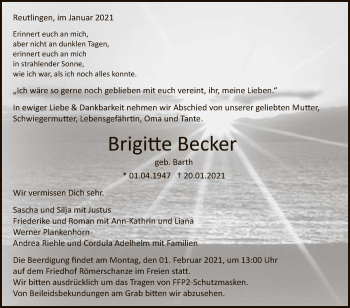 Anzeige von Brigitte Becker von Reutlinger General-Anzeiger
