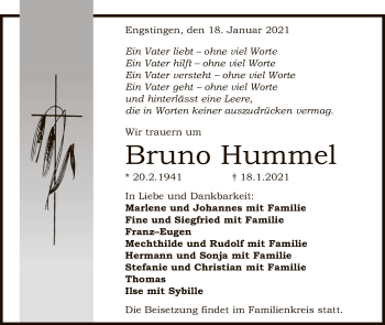 Anzeige von Bruno Hummel von Reutlinger General-Anzeiger