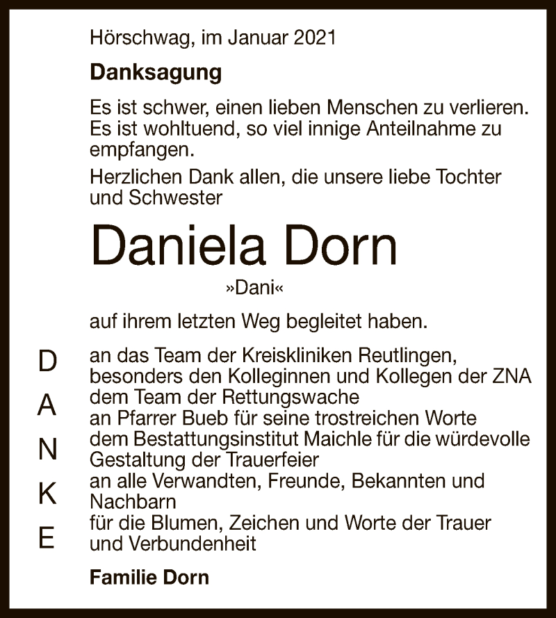  Traueranzeige für Daniela Dorn vom 16.01.2021 aus Reutlinger General-Anzeiger