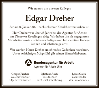 Anzeige von Edgar Dreher von Reutlinger General-Anzeiger