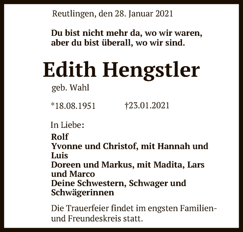  Traueranzeige für Edith Hengstler vom 28.01.2021 aus Reutlinger General-Anzeiger